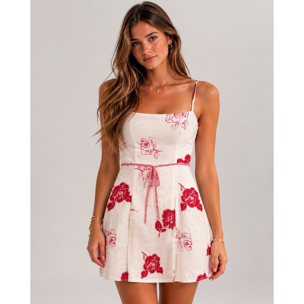 Vintage Y.at‎ Young at Heart Floral Linen Mini Dress Red White Rose Gingham L